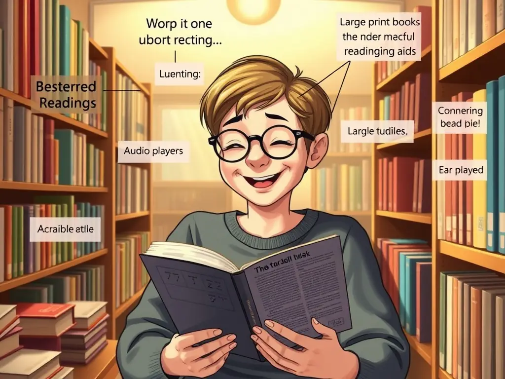 A visually impaired person smiling while reading a Braille book in a well-lit library, surrounded by various accessible reading materials such as large-print books and audio players.
