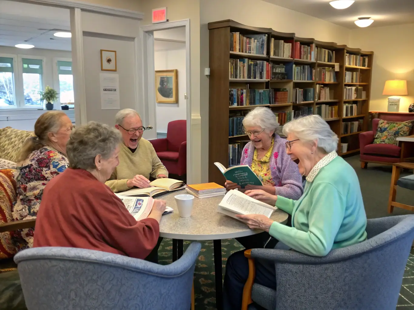 A group of seniors participating in a book club discussion at a local community center, highlighting LIRE A AUZANCES's efforts to combat social isolation.