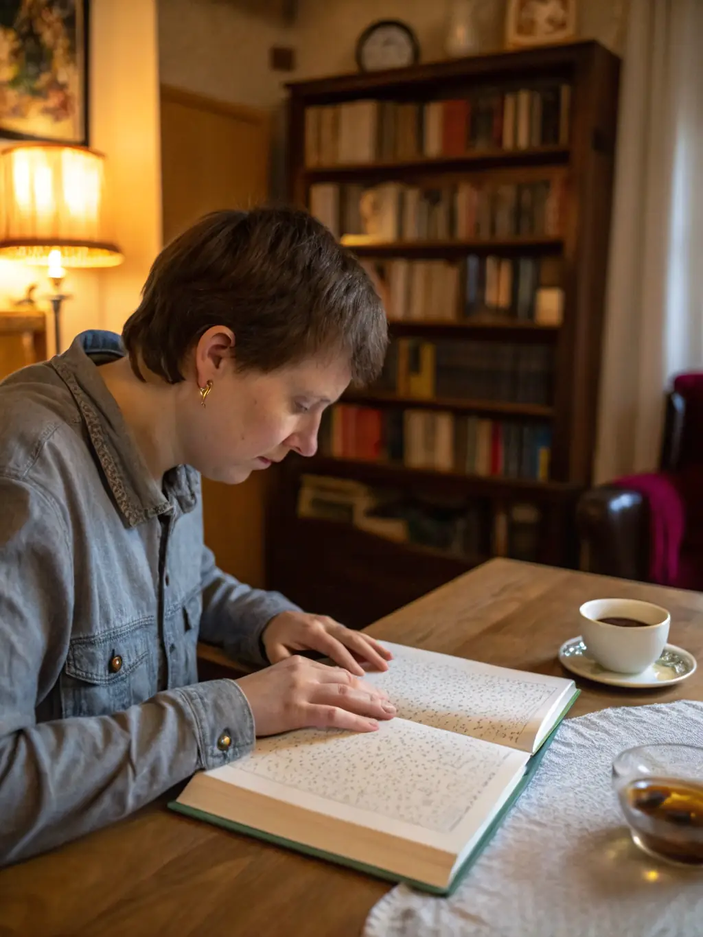 A child with a visual impairment using a Braille book with the assistance of a teacher or parent, in a brightly lit classroom.