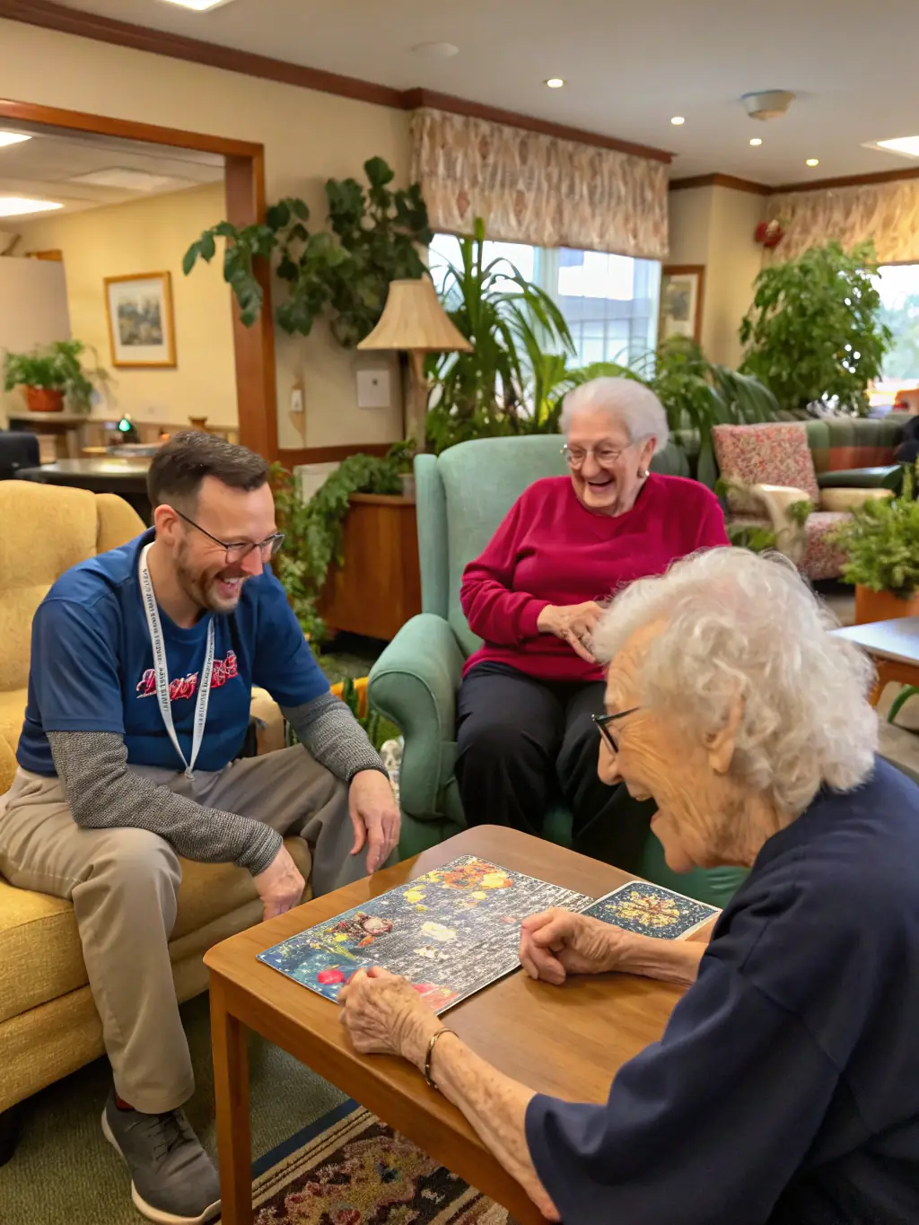 A volunteer reading aloud to a small group of elderly individuals in a community center, with large-print books visible.