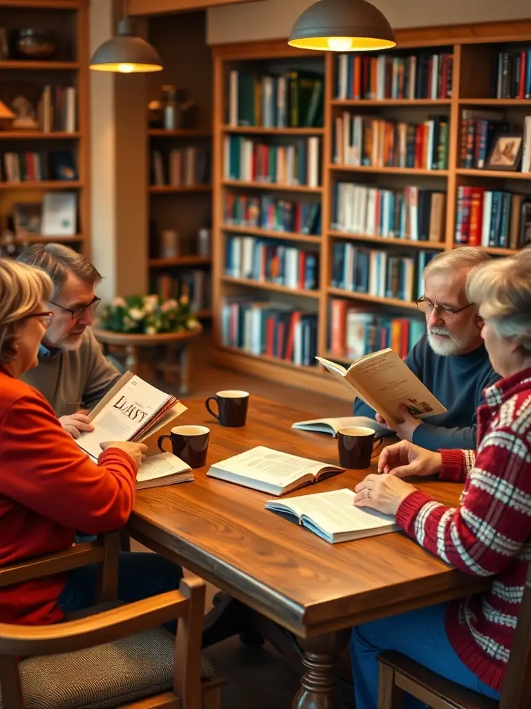 A group of elderly people are sitting around a table in a community center, listening attentively to a volunteer reading aloud from a large-print book. The atmosphere is warm and engaging, emphasizing the social connection fostered by the reading program.