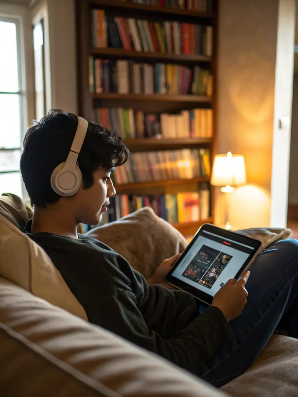 A visually impaired person enjoying an audiobook with headphones in a comfortable chair, surrounded by tactile books and assistive technology.