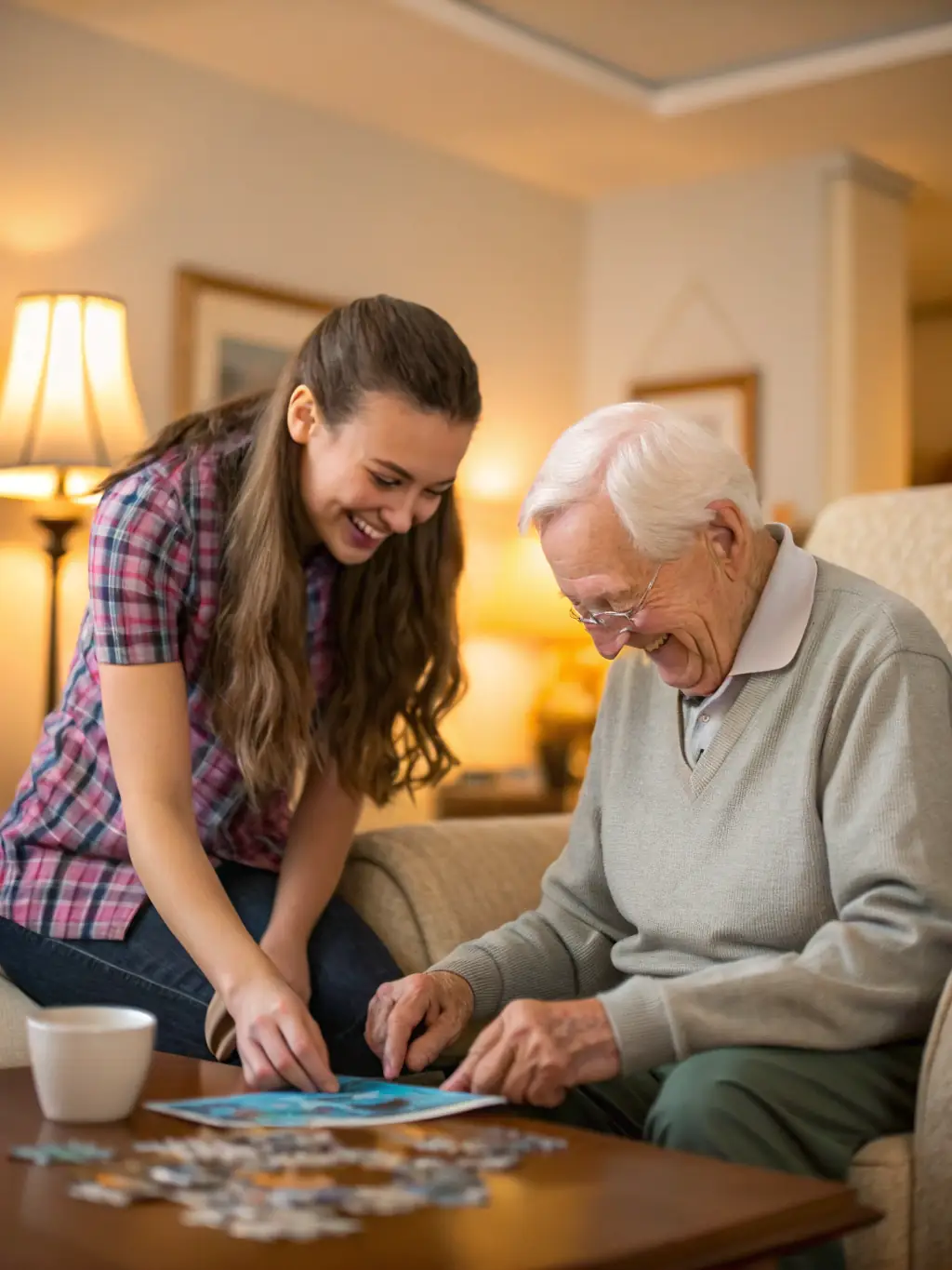 A volunteer is delivering a bag of audiobooks and a portable audiobook player to an elderly woman in her home. The woman is smiling, showing her appreciation for the personalized service.